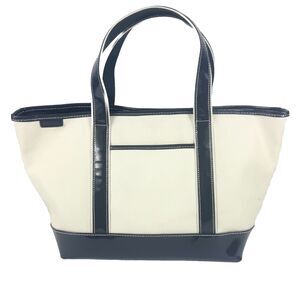 Lands End Tote Bag Canvas Leather Book Double Handle 5 Pocket Blue Beige